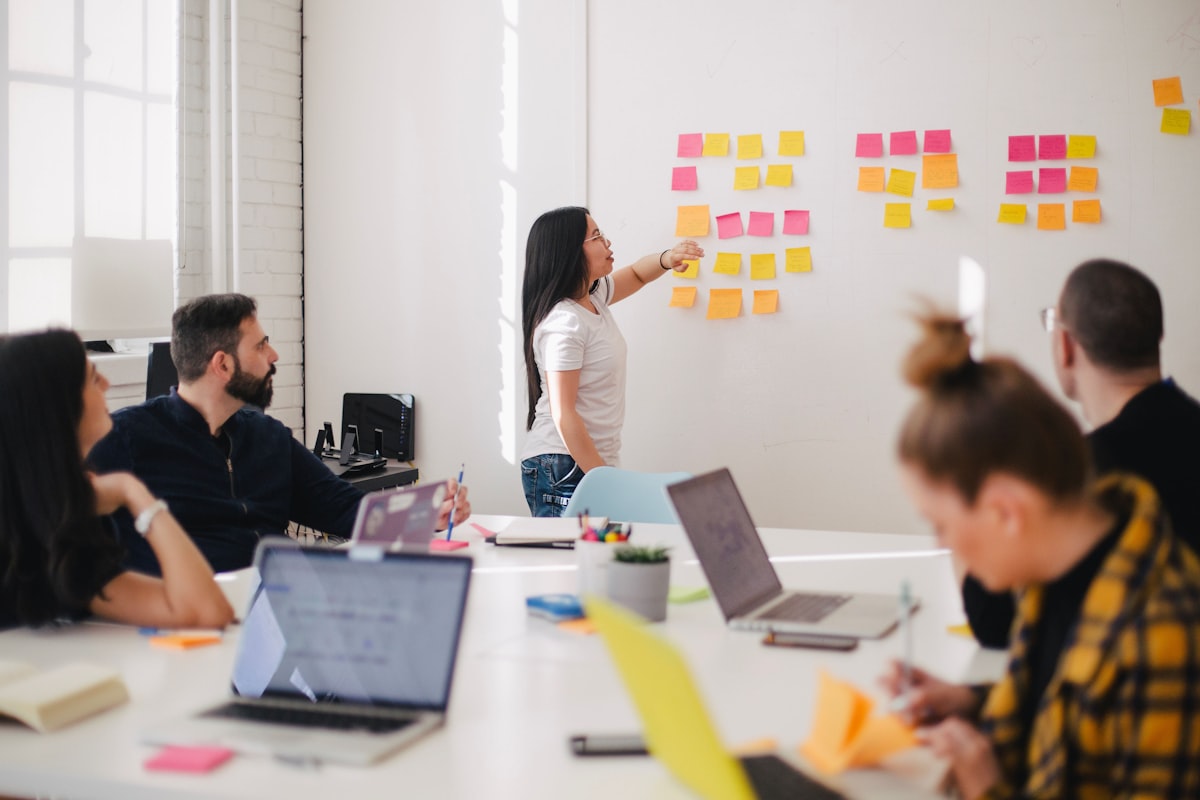Agile planning whiteboard with sticky notes